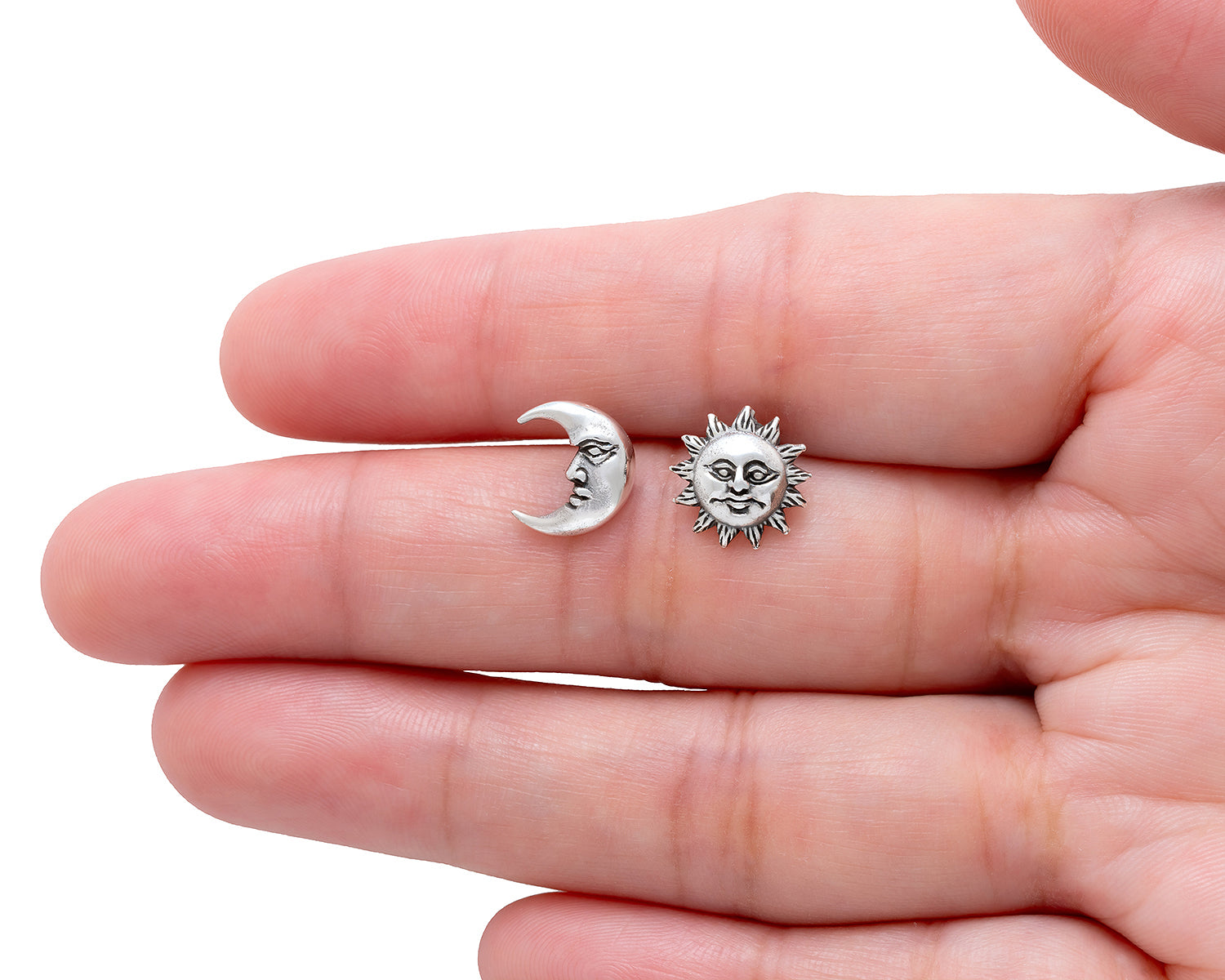 Sterling Silver Sun and Moon Face Stud Earrings