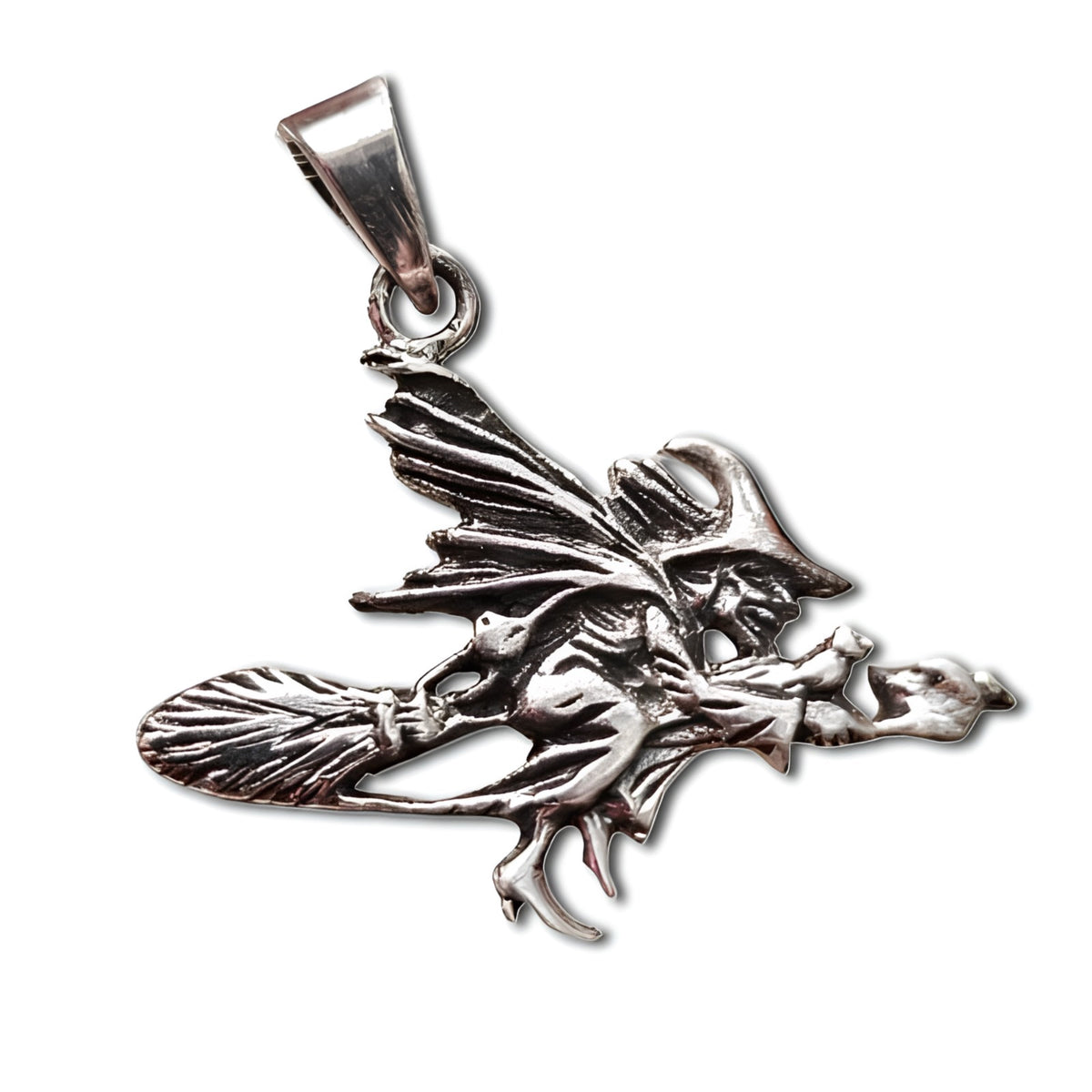 Sterling Silver Flying Witch on Broomstick Pendant