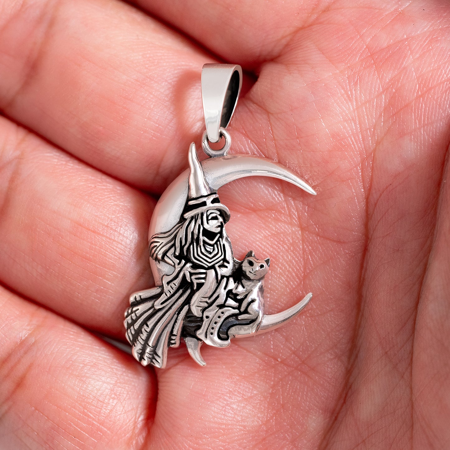 Sterling Silver Witch on the Moon Pendant