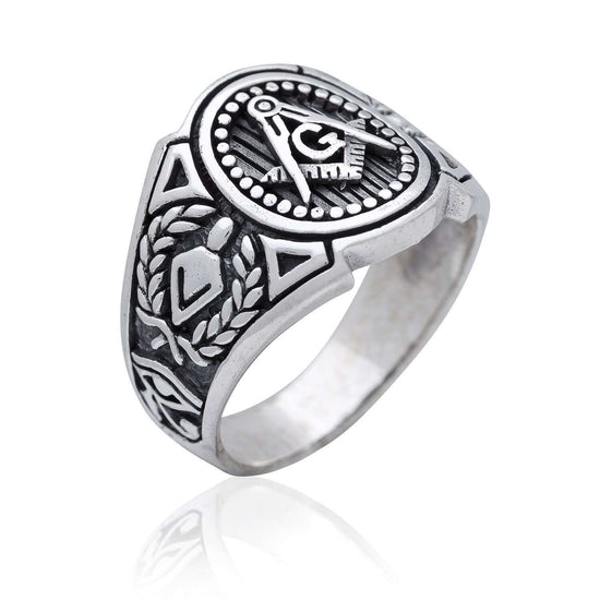 925 Sterling Silver Freemason Masonic Mason Compass Signet Ring